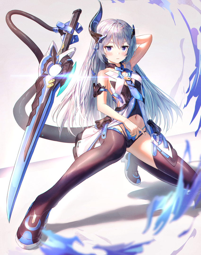 1girl absurdres bare_shoulders black_boots blue_eyes blue_hair boots closed_mouth full_body highres holding holding_sword holding_weapon honkai_(series) honkai_impact_3rd horns liliya_olenyeva long_hair looking_at_viewer navel nay shadow single_horn sleeveless solo squatting sword tail thick_eyebrows thigh_boots thighhighs weapon
