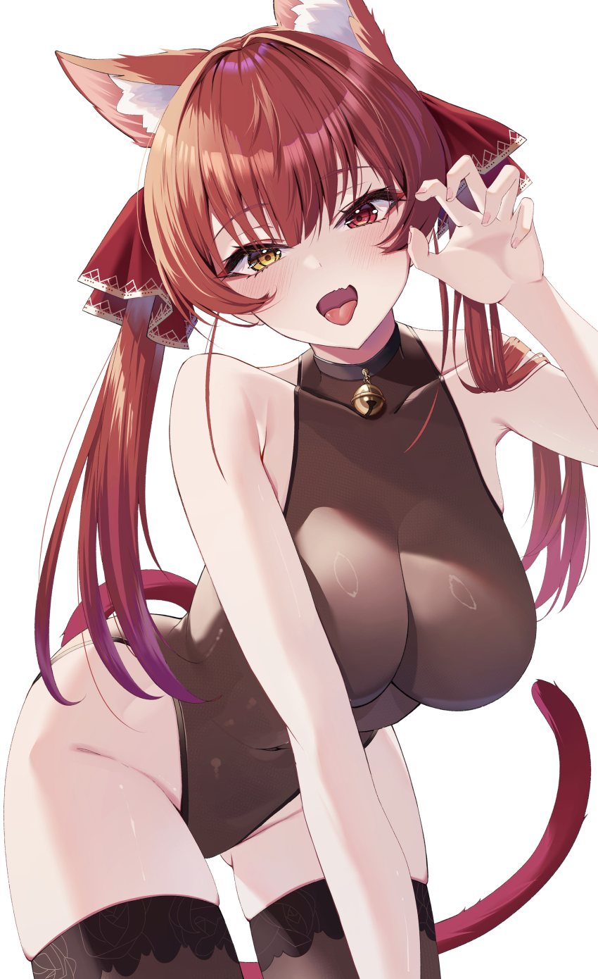 1girl :d absurdres animal_ears bell black_choker blush breasts cat_ears cat_tail choker collarbone covered_navel fang gluteal_fold groin heterochromia highres hololive houshou_marine jingle_bell large_breasts leaning_forward leotard looking_at_viewer neck_bell open_mouth paw_pose puripuri red_eyes red_hair simple_background skindentation smile solo tail thighhighs thighs virtual_youtuber white_background