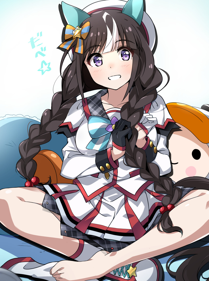1girl absurdres beret black_hair blunt_bangs braid breasts collarbone gloves grin hair_ornament hat highres hokko_tarumae_(umamusume) long_braid long_hair looking_at_viewer medium_breasts pillow purple_eyes ribbon shoes sitting smile socks solo tokiani tomachop twin_braids umamusume white_background