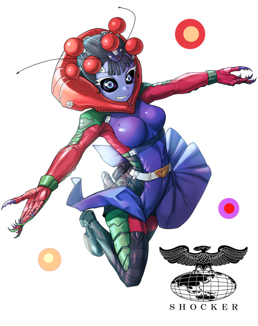 1girl arthropod_girl belt belt_buckle black_hair black_sclera buckle colored_eyelashes colored_sclera colored_skin commentary cyborg eidenjyou1997 eleki_botaru english_commentary genderswap genderswap_(mtf) grin highres impossible_clothes kamen_rider kamen_rider_(1st_series) logo monster_girl purple_skin shocker_(kamen_rider) simple_background smile solo teeth thick_eyelashes white_background white_belt