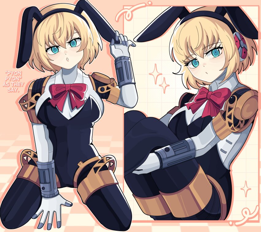 1girl absurdres aigis_(persona) android animal_ear_hairband animal_ears black_hairband black_leotard blonde_hair blue_eyes bobamiruku bow bowtie breasts closed_mouth english_text fake_animal_ears hairband highres large_breasts leotard looking_at_viewer parted_lips persona persona_3 playboy_bunny red_bow red_bowtie short_hair solo