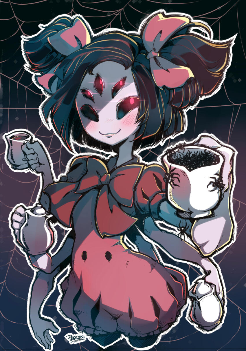 1girl absurdres arthropod_girl artist_name black_hair blush bow bowtie bug cup extra_arms extra_eyes highres holding holding_cup holding_teapot insect_girl looking_at_viewer muffet parororo red_bow red_bowtie red_ribbon ribbon short_twintails silk smile solo spider spider_girl spider_web teapot twintails undertale