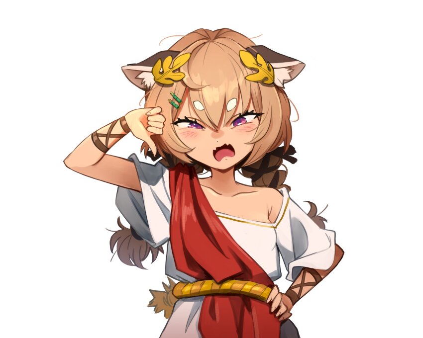 1girl absurdres alternate_costume animal_ear_fluff armpit_crease bamboo_hair_ornament blush braid brown_hair collarbone commentary commission english_commentary fangs frown greco-roman_clothes hair_ornament hairclip hand_on_own_hip highres khyle. komachi_panko laurel_crown low_twin_braids messy_hair narrowed_eyes off_shoulder open_mouth phase_connect purple_eyes red_panda_ears red_panda_girl rope_belt scowl second-party_source simple_background skin_fangs solo thick_eyebrows thumbs_down toga twin_braids upper_body virtual_youtuber white_background