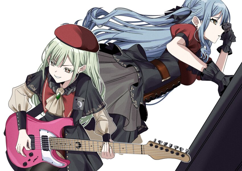 2girls ascot bang_dream! bang_dream!_it&#039;s_mygo!!!!! beret black_ascot black_capelet black_collar black_corset black_gloves black_pantyhose black_ribbon black_skirt black_sleeve_cuffs blue_brooch blue_hair braid bucishiro capelet clenched_hand closed_mouth collar colored_eyelashes commentary corset cropped_legs cross-laced_clothes cross-laced_corset ear_piercing fingernails frilled_collar frilled_wrist_cuffs frills gloves gold_trim green_brooch green_hair grin guitar guitar_strap hair_between_eyes hand_over_face hand_up hat highres holding holding_another&#039;s_hair holding_guitar holding_instrument instrument keyboard_(instrument) layered_skirt long_hair long_sleeves mortis_(bang_dream!) mortis_(costume)_(bang_dream!) multiple_girls music no_mask oblivionis_(bang_dream!) outline pantyhose pantyhose_under_shorts parted_lips piercing playing_guitar playing_instrument pleated_skirt profile puffy_short_sleeves puffy_sleeves red_capelet red_hat red_shirt red_shorts ribbon ribbon_hair see-through_clothes see-through_gloves see-through_sleeves shirt short_sleeves shorts side_braids sidelocks simple_background single_stripe skirt smile striped_capelet swept_bangs symbol-only_commentary togawa_sakiko two_side_up upper_body v-shaped_eyebrows very_long_hair wakaba_mutsumi white_background white_outline wrist_cuffs yellow_ascot yellow_eyes