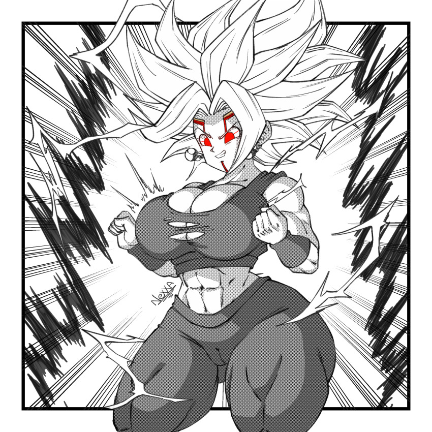 1girl abs absurdres baby_(dragon_ball) breasts cameltoe cleavage crop_top dragon_ball dragon_ball_gt dragon_ball_super earrings highres huge_breasts jewelry kefla_(dragon_ball) looking_down midriff muscular muscular_female navel nexx_art ponytail possessed potara_earrings red_eyes saiyan simple_background sleeveless smile solo spiked_hair spot_color super_saiyan thick_thighs thighs torn_clothes white_background