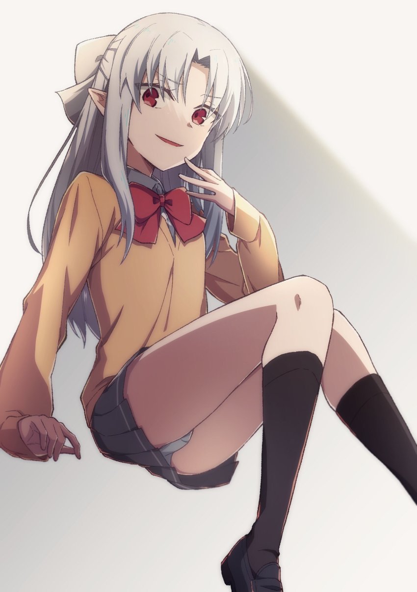 1girl absurdres alternate_costume azami_masurao black_footwear black_skirt black_socks bow bowtie full_body hair_bow highres long_hair looking_at_viewer miniskirt open_mouth panties pantyshot plaid_clothes plaid_skirt pointy_ears red_bow red_bowtie red_eyes school_uniform simple_background skirt socks solo sweater_vest tsukihime underwear white_background white_bow white_hair white_len_(tsukihime) white_panties yellow_sweater_vest