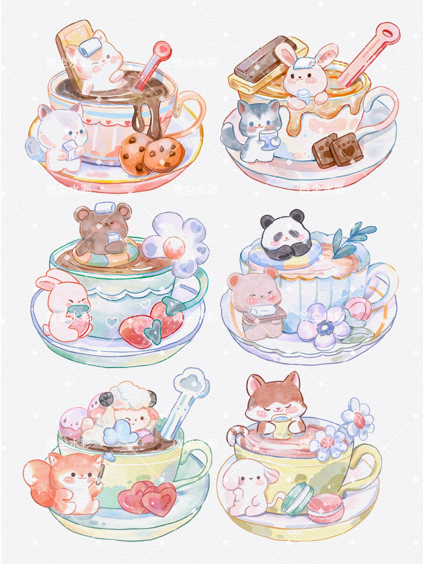 &gt;_o bear black_eyes blush_stickers bud candy chinese_commentary chocolate chocolate_chip_cookie closed_mouth commentary_request cookie cup dog drink floppy_ears flower food food_focus fruit green_innertube green_tea hand_on_own_cheek hand_on_own_face heart highres holding holding_drink holding_food holding_fruit holding_tray in_container in_cup innertube leaning_back macaron milk_carton no_humans one_eye_closed original oversized_food oversized_object panda partially_submerged purple_flower rabbit saucer sheep simple_background smile solid_circle_eyes squirrel strawberry swim_ring tea teacup teaspoon towel towel_on_head tray two-tone_innertube wafer weiwei_de_weiwei white_background white_flower yellow_innertube yunomi