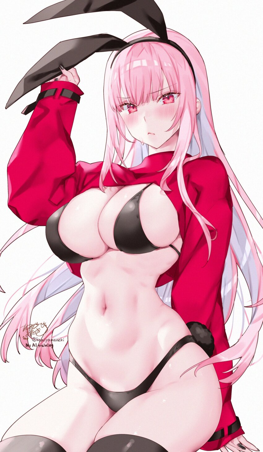 1girl absurdres adjusting_clothes adjusting_headwear alternate_costume animal_ears bikini black_bikini black_hairband black_nails black_thighhighs blush breasts brown_thighhighs cleavage closed_mouth commentary fake_animal_ears fake_tail fingernails hairband highres holding hololive hololive_english kamiya_maneki large_breasts long_hair long_sleeves looking_at_viewer mori_calliope nail_polish navel nontraditional_playboy_bunny pink_eyes pink_hair playboy_bunny rabbit_ears rabbit_tail red_eyes red_shrug shrug_(clothing) signature simple_background sleeves_past_wrists solo stomach sweat swimsuit symbol-only_commentary tail thighhighs twitter_username virtual_youtuber white_background
