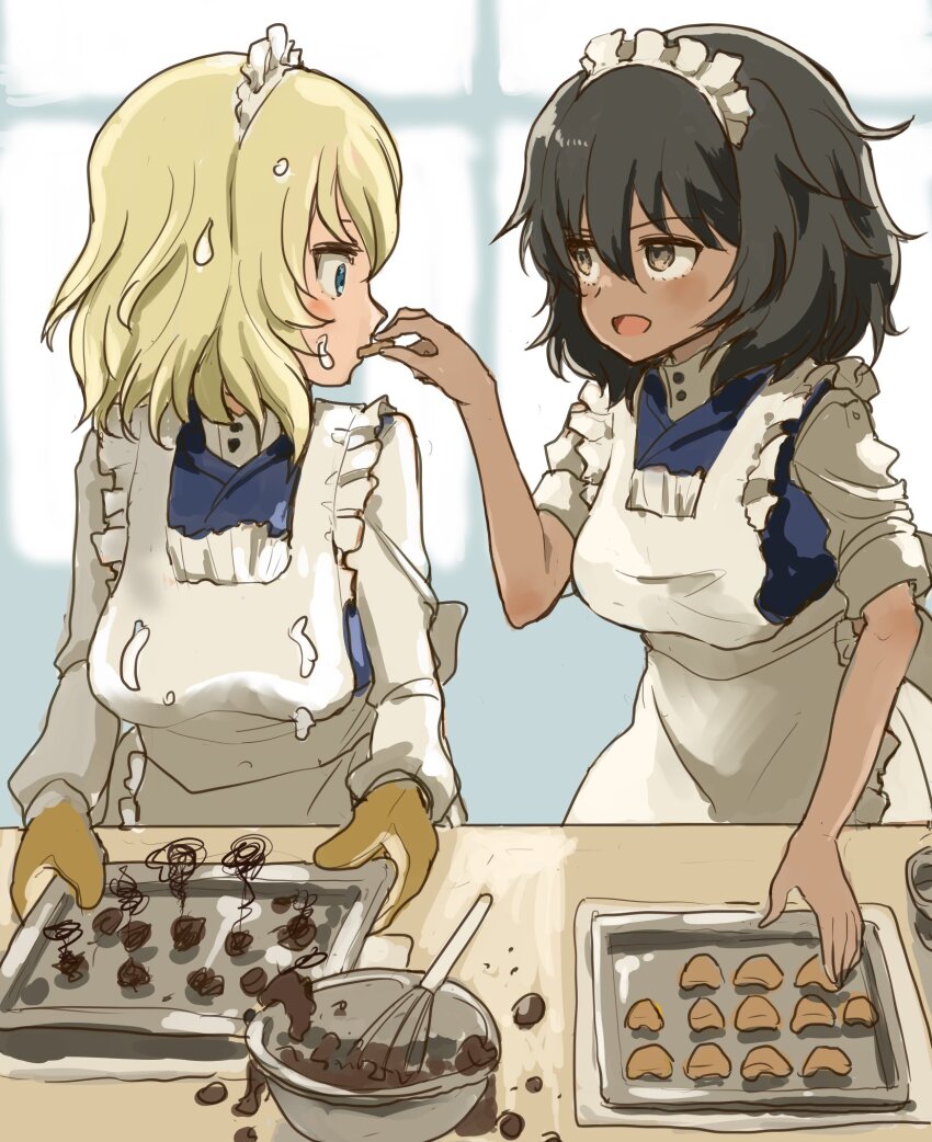 2girls alternate_costume andou_(girls_und_panzer) apron black_hair blonde_hair blue_eyes breasts brown_eyes cookie cooking dark-skinned_female dark_skin eating food girls_und_panzer highres holding holding_cookie holding_food indoors looking_at_another maid maid_headdress medium_breasts multiple_girls murayama_kei open_mouth oshida_(girls_und_panzer) sweat table tray window