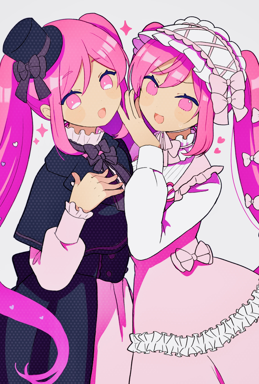 2girls alternate_costume black_bow black_hat black_ribbon blush bow cb_ge000 dark-skinned_female dark_skin dress grey_background hat hat_bow hat_ribbon heart highres long_hair long_sleeves looking_at_viewer multiple_girls ojou-sama_pose omori open_mouth perfectheart_(omori) pink_dress pink_eyes pink_hair ribbon simple_background smile sweetheart_(omori) top_hat twintails
