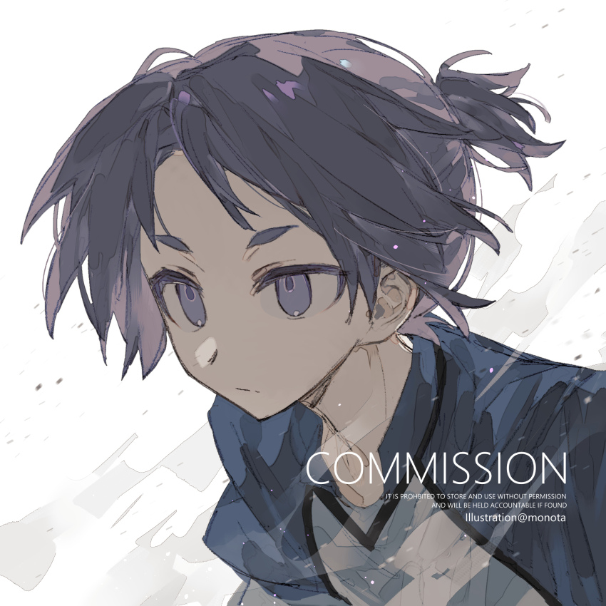 1boy artist_name blue_lock closed_mouth english_text highres male_focus mikage_reo monota02 purple_eyes purple_hair shirt short_hair short_sleeves simple_background solo upper_body white_background