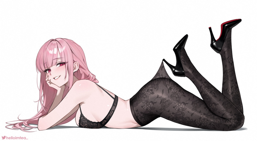 1girl bare_shoulders black_bra black_pantyhose black_shoes blush bra breasts commentary_request fingernails from_side head_rest helloimtea high-waist_pantyhose high_heels hololive hololive_english lace_pantyhose_hooked_on_heel_(meme) large_breasts long_hair looking_at_viewer lying meme mixed-language_commentary mori_calliope on_stomach paid_reward_available pantyhose parted_lips pink_hair red_eyes shoes simple_background smile solo the_pose thighs twitter_username underwear virtual_youtuber white_background