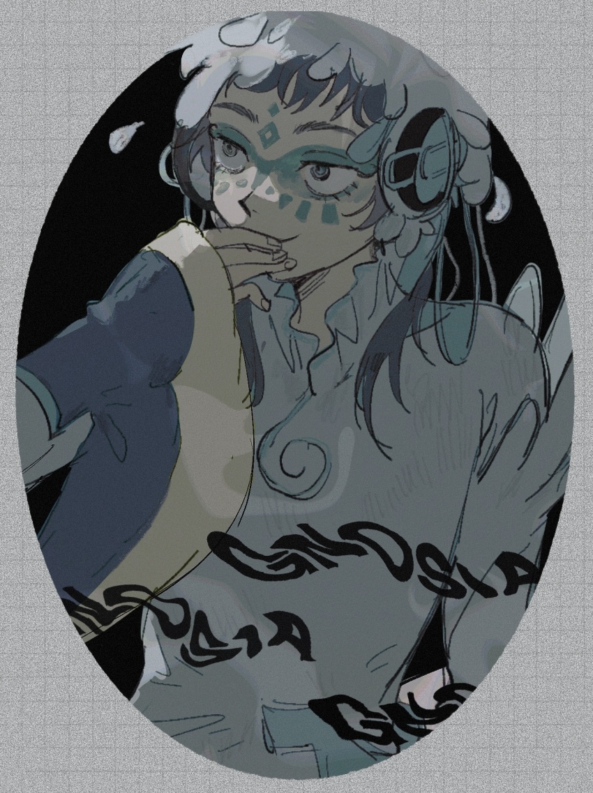 1other androgynous blue_eyes facepaint facial_mark feathers forehead_mark gnosia green_hair headphones highres long_hair long_sleeves looking_at_viewer makeup other_focus raqio sema_(vivaviva_02) solo tattoo upper_body