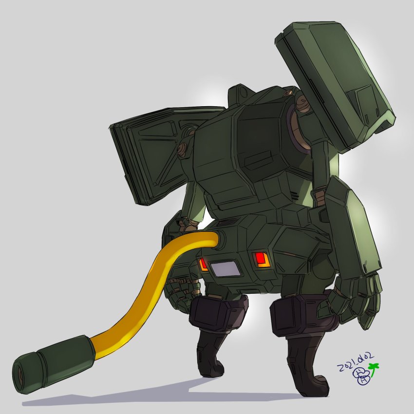 backlighting bad_id bad_twitter_id cable dated from_behind grey_background highres jgsdf_type_07_tank_nacchin looking_ahead mecha moi_moi7 no_humans open_hands original robot science_fiction shadow solo