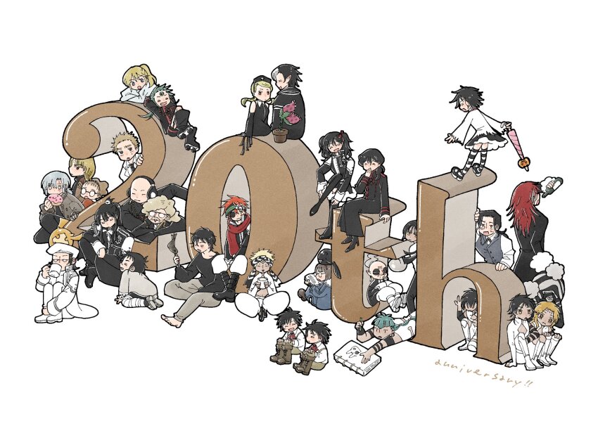 1other 6+boys 6+girls allen_walker alma_karma aqua_hair arm_behind_head armband arystar_krory baggy_pants bald bandaged_leg bandages barefoot beer_bottle black_armband black_bodysuit black_boots black_coat black_dress black_hair black_headdress black_headscarf black_necktie black_order_uniform black_pants black_shirt black_shorts black_skirt black_sleeves black_thighhighs black_wrist_cuffs blonde_hair blue_dress blue_eyes blue_shirt bob_cut bodysuit book bookman boots bottle bow bowtie braid brown_boots brown_coat brown_eyes brown_hair brown_pants brown_shirt closed_eyes coat collared_dress collared_shirt creature creature_on_head cropped_shirt cross_marian cup curly_hair d.gray-man dark-skinned_female dark-skinned_male dark_skin detached_sleeves devit donut dress elbow_on_knee eliade emilia_galmar eyepatch facial_hair facial_mark fiedla fish fish_(food) food forehead_jewel forehead_mark froi_tiedoll glasses gloves golem_(d.gray-man) green_eyes green_hair grey_bow grey_bowtie grey_gloves grey_vest grilled_fish hair_over_shoulder hand_on_ground happy_anniversary hat headband headdress headphones headscarf high_heel_boots high_heels high_ponytail highres holding holding_book holding_bottle holding_cup holding_donut holding_food holding_legs holding_pen holding_stick holding_umbrella howard_link jasdero johnny_gill kanda_yuu kneeling komui_lee lavi lenalee_lee lero long_coat long_hair looking_at_another looking_up low_ponytail low_twintails lucia_(d.gray-man) lulu_bell lying mana_walker medium_hair mightra military military_uniform miniskirt miranda_lotto mole mole_under_eye monocle multicolored_hair multiple_boys multiple_girls mustache nea_d_campbell necktie noise_marie on_back one-eyed one_eye_covered open_book open_mouth orange_hair orange_shirt pants pen pink_umbrella plant pointy_ears ponytail pumpkin red_eyes red_hair red_ribbon red_scarf red_stripes reever_wenhamm ribbon road_kamelot roller_skates scarf sheril_kamelot shirt shoes short_hair short_ponytail shorts sidelocks single_braid single_glove sitting skates sketchbook skirt sleeping sleeveless sleeveless_dress smile spiked_hair stick striped_bodysuit striped_clothes striped_coat striped_headscarf striped_thighhighs sweat sword thigh_boots thighhighs timcanpy timothy_hearst tkns_works tryde twintails two-tone_hair tyki_mikk umbrella ur-canpy vest weapon white_boots white_coat white_dress white_hair white_hat white_pants white_shirt white_stripes white_wrist_cuffs wings wisely_kamelot wrist_cuffs wristband yellow_eyes