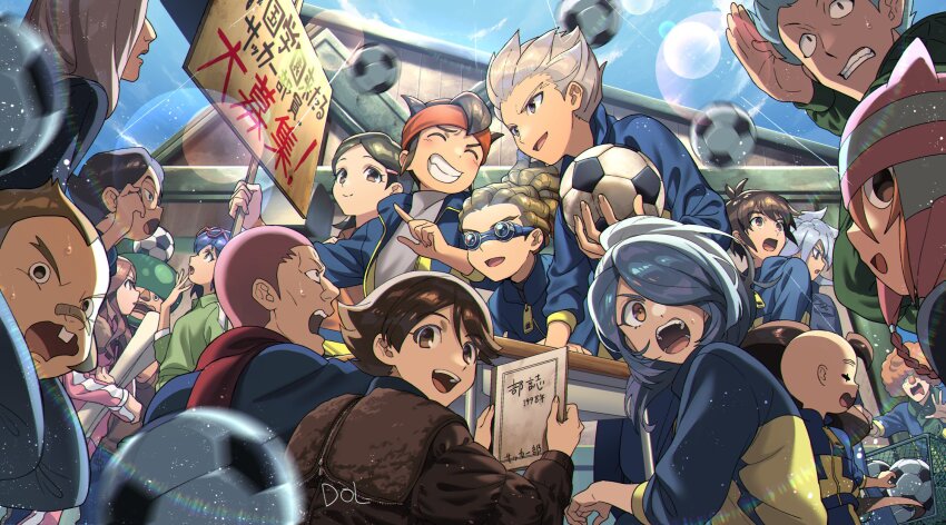 3girls 6+boys ball bandaid bandaid_on_face bandaid_on_nose blue_hair brown_hair brown_jacket dolustoy domon_asuka endou_mamoru goggles gouenji_shuuya green_hair grey_hair handa_shin&#039;ichi headband highres holding holding_sign ichinose_kazuya inazuma_eleven inazuma_eleven_(series) jacket kabeyama_heigorou kageno_jin kazemaru_ichirouta kidou_yuuto kino_aki kurimatsu_teppei long_hair matsuno_kuusuke megane_kakeru multiple_boys multiple_girls open_mouth orange_hair orange_headband otonashi_haruna pink_hair raimon_natsumi raimon_track_suit red_scarf scarf shirt shishido_sakichi shourinji_ayumu sign soccer_ball soccer_uniform someoka_ryuugo sportswear track_suit white_hair white_shirt yamino_kageto