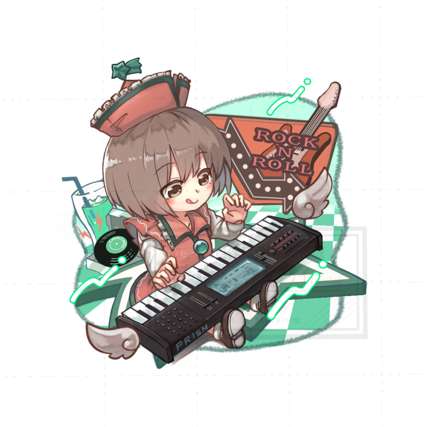 1girl :q black_shoes black_skirt blush brown_eyes commentary_request cup drinking_glass faux_figurine frilled_shirt_collar frills ginnkei hat hat_ornament instrument keyboard_(instrument) long_sleeves lyrica_prismriver music playing_instrument red_hat shirt shoes short_hair simple_background skirt socks solo star_(symbol) star_hat_ornament tongue tongue_out touhou vinyl_record watermark white_background white_shirt white_socks wings