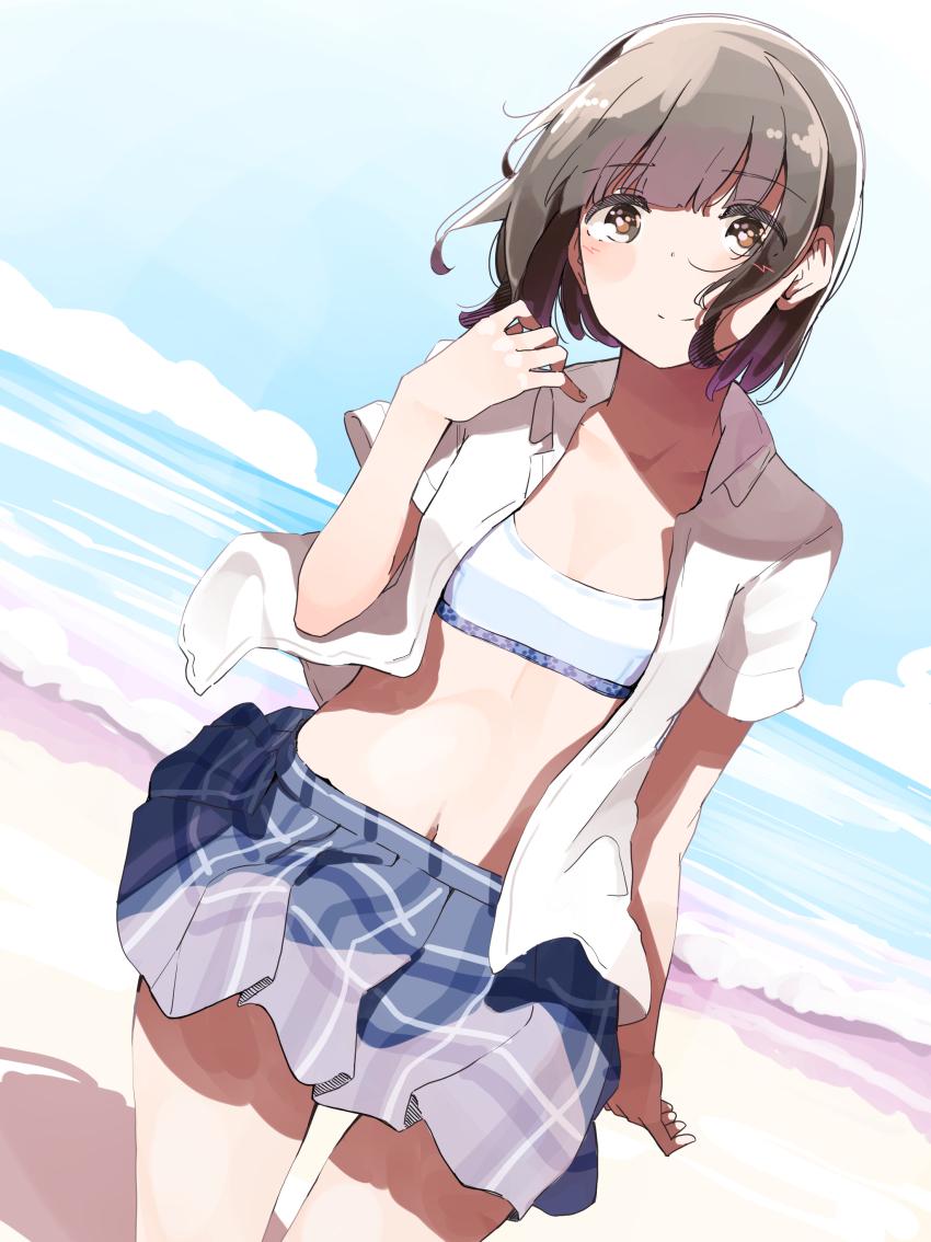 1girl absurdres arm_behind_back arm_up bandeau beach bikini bikini_bridge blue_sky blush breasts brown_eyes brown_hair cloud collarbone collared_shirt commentary_request dutch_angle harukana_receive head_tilt higa_kanata highres looking_at_viewer navel nyoijizai ocean open_clothes plaid_clothes plaid_skirt shadow shirt shore short_sleeves sketch skirt sky small_breasts solo stomach swimsuit swimsuit_under_clothes thighs white_shirt