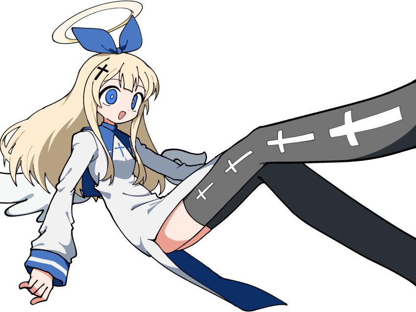 1girl aiobahn angel angel_wings black_boots blonde_hair blue_bow boots bow cross cross_print dress hair_bow halo highres legs_up long_hair long_sleeves looking_at_viewer odayaka open_mouth sidelocks smile solo tententengokujigokugoku_(aiobahn) thigh_boots very_long_hair white_dress wings
