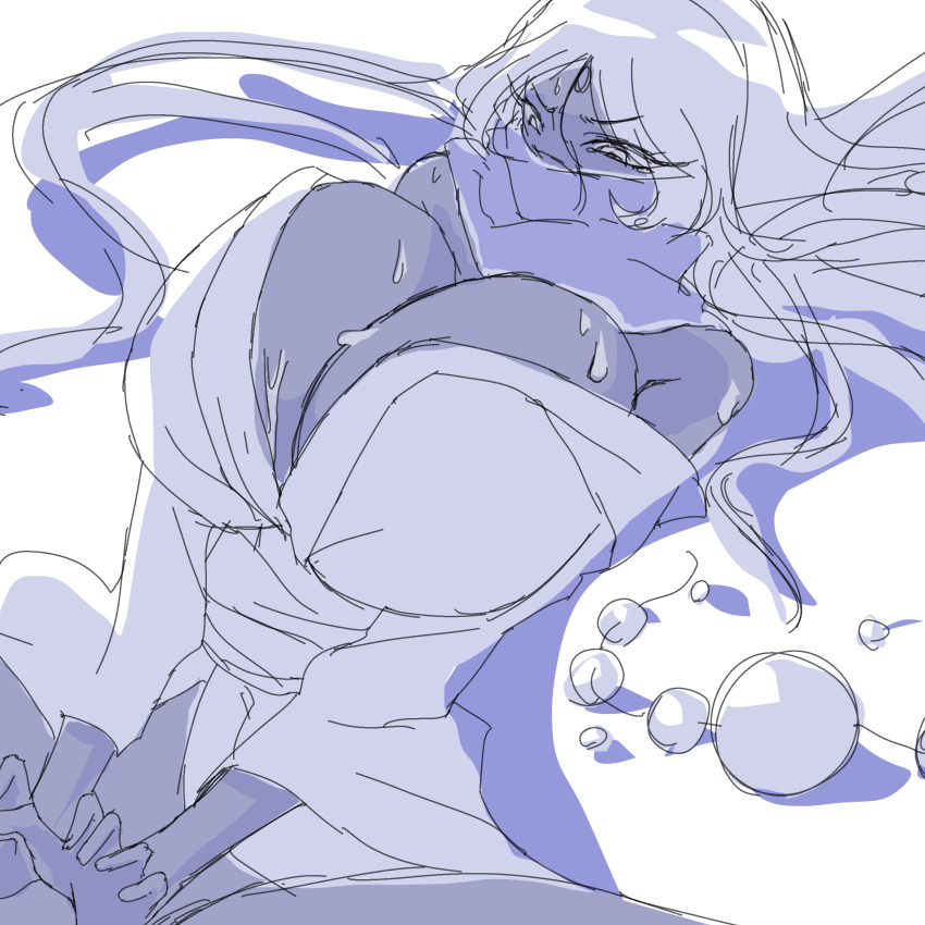 absurdres blush breasts broken_necklace digimon digimon_(creature) gerusyu highres huge_breasts implied_sex long_hair monochrome sanzomon scarf scarf_over_mouth tears thigh_grab