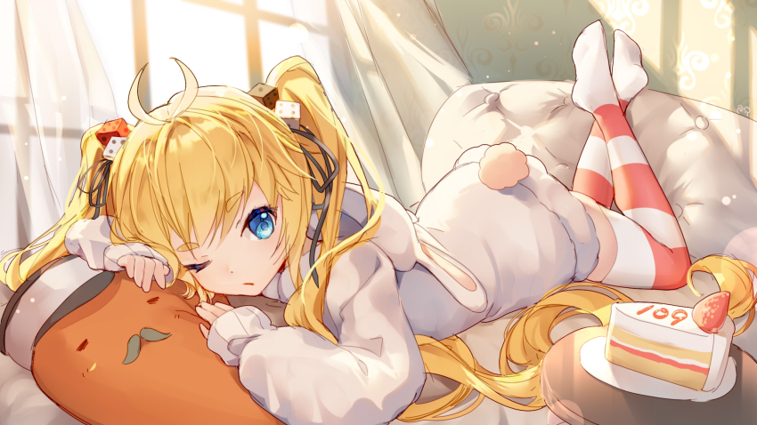 1girl andrea_doria_(warship_girls_r) animal_ears animal_hood antenna_hair bison_cangshu black_ribbon blonde_hair blue_eyes cake cake_slice closed_mouth commentary_request curtains dice_hair_ornament fake_animal_ears food fruit full_body hair_ornament hair_ribbon highres hood hood_down hooded_jacket indoors jacket legs_up long_hair long_sleeves looking_at_viewer lying no_shoes on_stomach one_eye_closed puffy_long_sleeves puffy_sleeves rabbit_ears rabbit_hood rabbit_tail ribbon see-through_curtains short_eyebrows sleeves_past_wrists solo strawberry striped_clothes striped_thighhighs tail thick_eyebrows thighhighs transparent twintails very_long_hair warship_girls_r white_jacket window