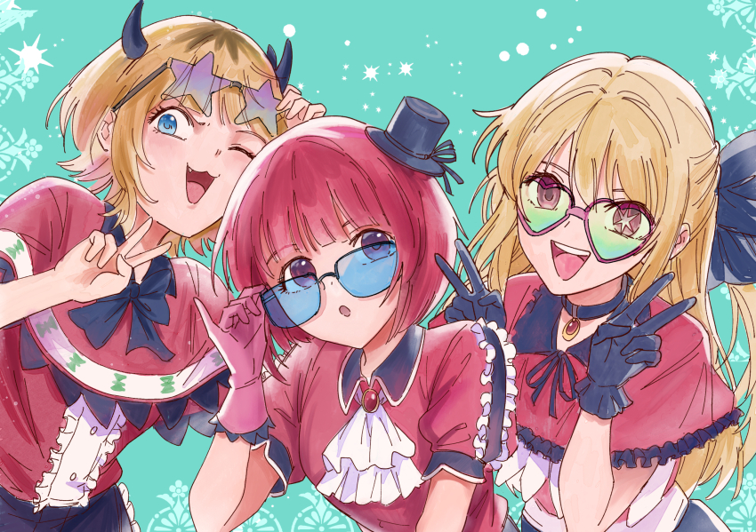 3girls arima_kana b-komachi_(new) blonde_hair blue_eyes double_v fake_horns fang frills gloves hat highres horns hoshino_ruby idol long_hair mem-cho mini_hat mini_top_hat multiple_girls nguyen_huy one_eye_closed open_clothes open_mouth oshi_no_ko pink_eyes red_eyes red_hair short_hair short_sleeves smile star_(symbol) star_in_eye sunglasses symbol_in_eye teeth top_hat upper_teeth_only v