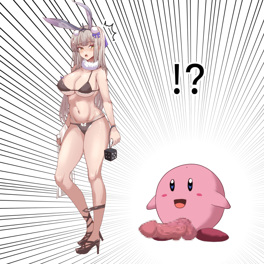 !? 1girl ^^^ animal_ears bikini black_bikini black_footwear blue_bow bow breasts censored cleavage closed_mouth commentary_request crossover dice emphasis_lines full_body grey_hair hair_bow high_heels highres holding holding_dice kaavi kirby kirby_(series) large_breasts long_hair looking_to_the_side mahjong_soul mosaic_censoring nintendo penis pun rabbit_ears rabbit_girl simple_background surprised sweatdrop swimsuit tataeroero what white_background