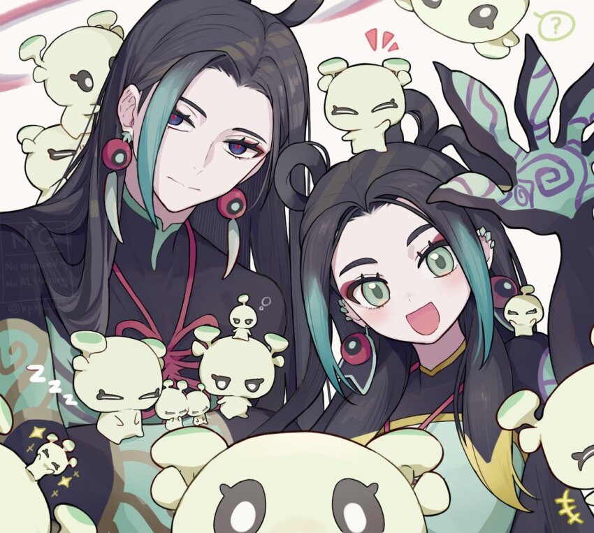2boys :d :| black_hair blue_eyes closed_mouth colored_tips commentary_request con_(fate) dual_persona earrings eyeshadow fate/grand_order fate_(series) green_eyes hair_rings jewelry long_hair looking_at_viewer makeup male_focus multicolored_hair multiple_boys open_mouth red_eyeshadow red_pupils serirari smile taisui_xingjun_(fate) waving