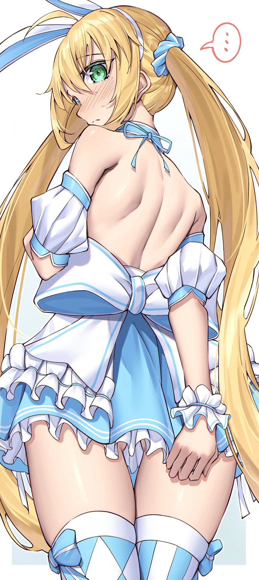 1girl absurdres ahoge animal_ear_hairband animal_ears argyle_clothes argyle_thighhighs artoria_caster_(fate) artoria_caster_(swimsuit_berserker)_(fate) artoria_caster_(swimsuit_berserker)_(second_ascension)_(fate) artoria_pendragon_(fate) bare_back bare_shoulders blonde_hair blue_dress blue_thighhighs blush bow_legwear checkered_thighhighs dress fake_animal_ears fate/grand_order fate_(series) green_eyes hairband highres long_hair looking_at_viewer puffy_sleeves rabbit_ears solo striped_clothes striped_thighhighs thighhighs toukan twintails two-tone_thighhighs vertical-striped_clothes vertical-striped_thighhighs