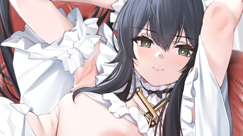 1girl armpits arms_behind_head arms_up azur_lane between_breasts black_hair black_skirt breasts choker clothes_pull couch crotch_seam detached_sleeves frilled_choker frilled_sleeves frills hair_between_eyes highres huge_breasts indomitable_(azur_lane) indomitable_(ms._motivationless_maid)_(azur_lane) long_hair looking_at_viewer lying maid maid_headdress on_couch on_side pantyhose pantyhose_pull pleated_skirt ramanda revealing_clothes shirt short_sleeves sidelocks skirt solo thighs twitter very_long_hair white_choker white_shirt