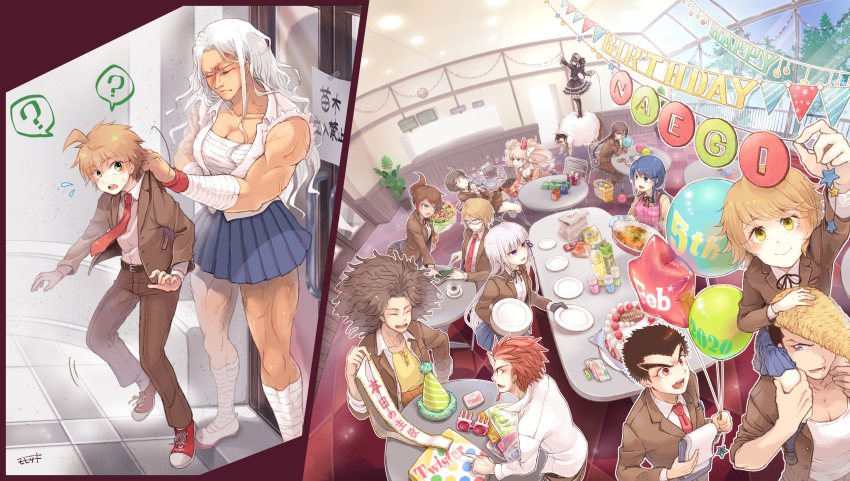 6+boys 6+girls ahoge apron asahina_aoi balloon birthday_cake black_gloves black_ribbon blowing blue_eyes blue_hair blue_skirt bouquet braid breasts brown_hair brown_skirt cake carrying celestia_ludenberg cleavage clipboard coffee crossdressing danganronpa:_trigger_happy_havoc danganronpa_(series) enoshima_junko eyelashes facial_hair flower flying_sweatdrops food foreshortening freckles fujisaki_chihiro fukawa_toko glasses gloves goatee green_eyes hagakure_yasuhiro highres holding holding_clipboard ikusaba_mukuro ishimaru_kiyotaka kirigiri_kyoko kuwata_leon maizono_sayaka momosaki_hiromu monokuma multiple_boys multiple_girls muscular muscular_female naegi_makoto necktie ogami_sakura open_mouth owada_mondo piggyback pink_apron plate pompadour railing red_eyes red_necktie red_oven_mitts ribbon sash scar scar_on_face skirt star_balloon table togami_byakuya translation_request trap twin_braids twister v-shaped_eyebrows veins veiny_arms yamada_hifumi
