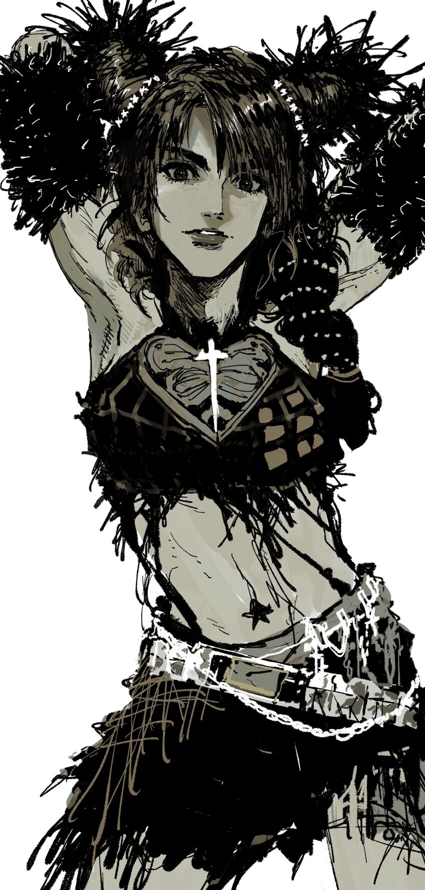 1girl absurdres arm_warmers armpits arms_behind_head arms_up belt braid cone_hair_bun cowboy_shot crop_top double_bun hair_bun highres jojo_no_kimyou_na_bouken kuujou_jolyne looking_at_viewer midriff monochrome my_nameisyoon navel navel_piercing piercing skirt solo stone_ocean white_background