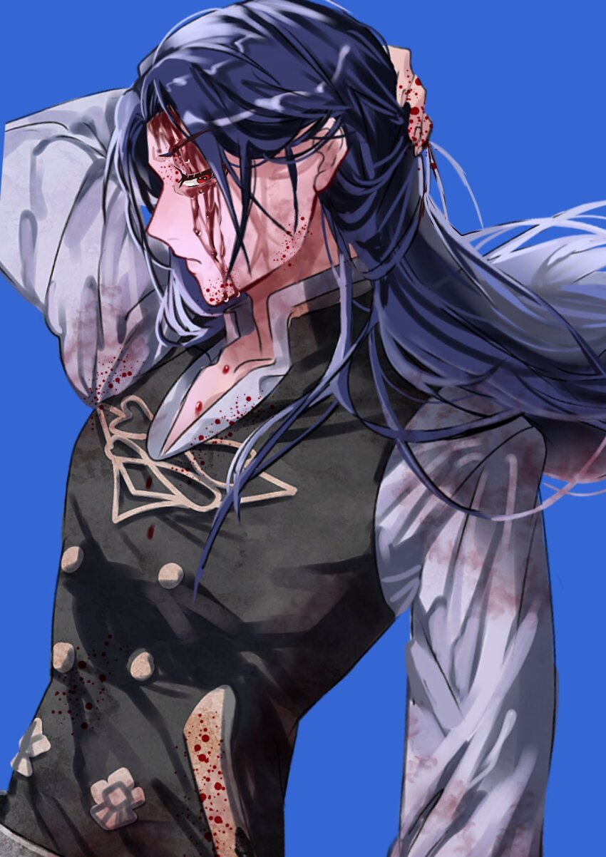 1boy akitsu_123 alternate_hairstyle arm_behind_head arm_up black_vest blood blood_on_clothes blood_on_face blood_splatter blue_background blue_hair closed_mouth collared_shirt commentary_request cowboy_shot felix_hugo_fraldarius fire_emblem fire_emblem:_three_houses floating_hair frown garreg_mach_monastery_uniform hair_behind_ear hand_on_own_head highres long_hair long_sleeves looking_to_the_side male_focus nintendo open_collar orange_eyes popped_collar profile school_uniform shirt sideways_glance simple_background solo sword vest weapon white_shirt