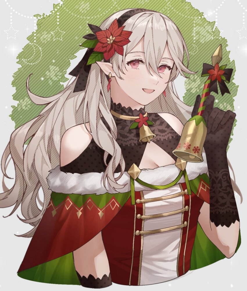 1girl ai_tkkm alternate_costume bare_shoulders bell black_gloves black_hairband christmas clothing_cutout commentary female_corrin_(fire_emblem) dress earrings english_commentary fire_emblem fire_emblem_fates flower gloves grey_hair hair_between_eyes hair_flower hair_ornament hairband highres holding holding_bell jewelry long_hair looking_at_viewer nintendo open_mouth pointy_ears red_dress red_eyes red_flower shoulder_cutout smile solo