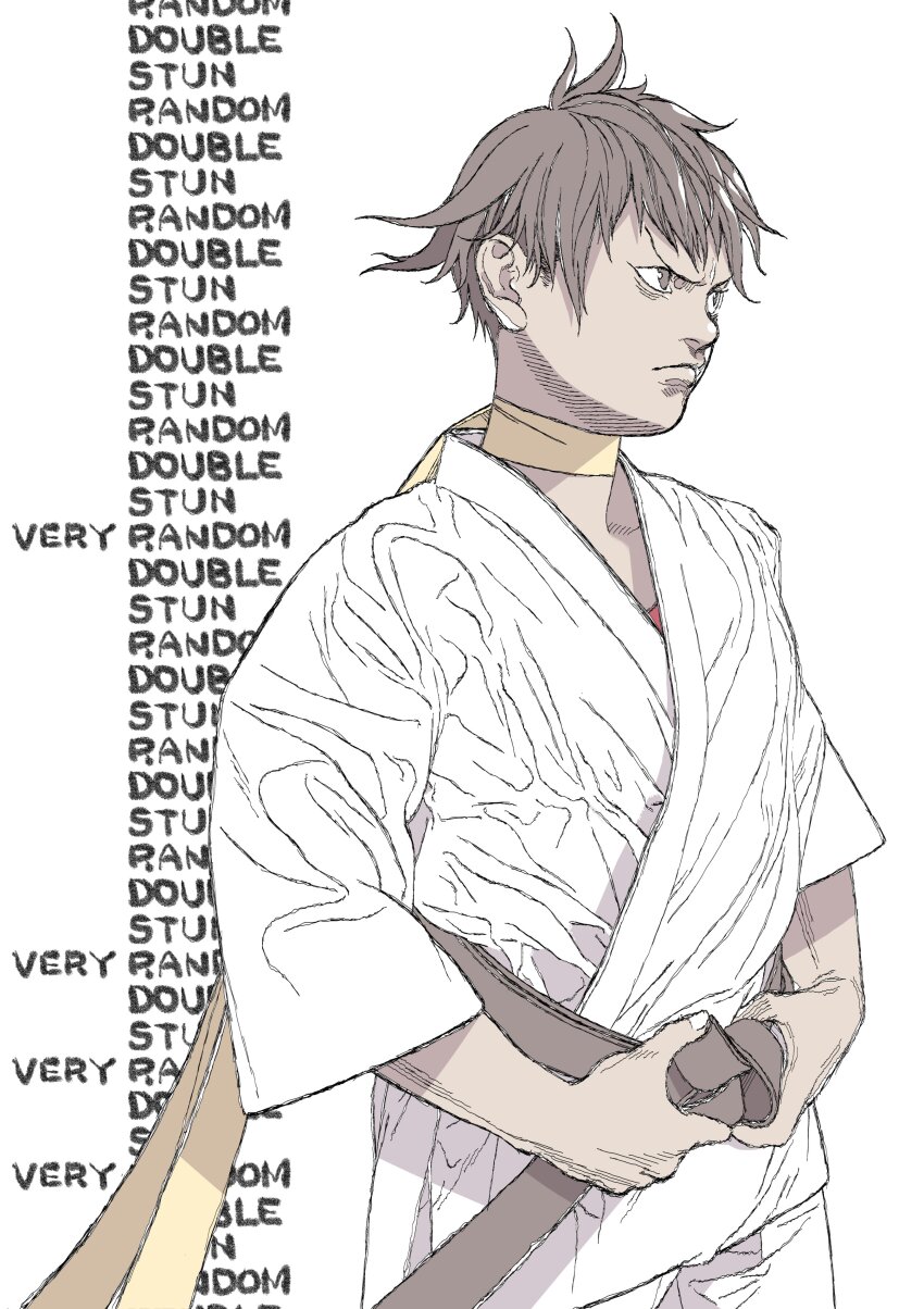 1girl absurdres choker commentary dougi english_commentary hatching_(texture) highres karate_gi makoto_(street_fighter) martial_arts_belt ribbon ribbon_choker short_hair simple_background solo street_fighter tomboy yellow_ribbon yoshihara_motoki