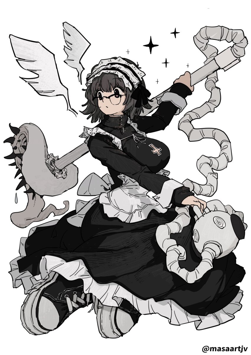 1girl alternate_costume apron black_dress black_eyes black_hair blinky_(hunter_x_hunter) breasts cleavage_cutout clothing_cutout commentary_request cross_cutout detached_wings dress enmaided frilled_dress frills full_body glasses highres holding_vacuum_cleaner hunter_x_hunter large_breasts long_sleeves looking_back maid maid_apron maid_headdress masaartjv pointy_breasts shizuku_murasaki shoes short_hair simple_background sitting sneakers solo sparkle turtleneck turtleneck_dress twitter_username waist_apron white_background wings wrist_cuffs yokozuwari