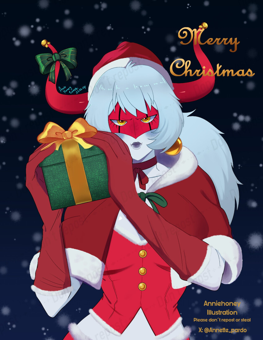 archnemon arthropod_girl christmas digimon digimon_(creature) highres horns insect_girl long_hair mask monster_girl spider_girl
