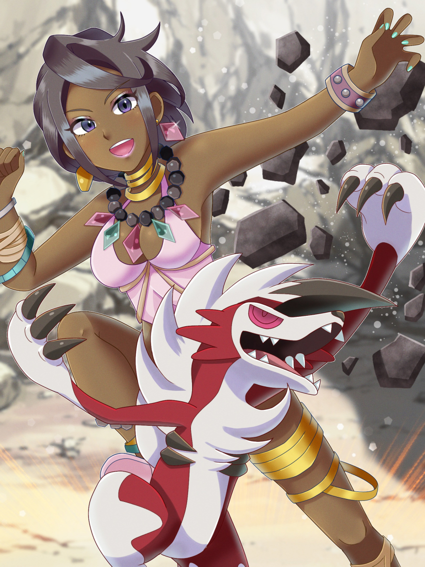 1girl anklet aqua_gemstone beads bracelet breasts ch1emon_i claws cleavage commentary_request crop_top dark-skinned_female dark_skin diamond_(gemstone) diamond_earrings earrings game_freak gen_7_pokemon green_nails halter_shirt halterneck highres jewelry lycanroc lycanroc_(midnight) midriff nail_polish necktie nintendo olivia_(pokemon) open_mouth pink_eyes pink_gemstone pink_lips pink_shirt pokemon pokemon_(creature) pokemon_sm purple_eyes rock sharp_teeth shirt smile teeth