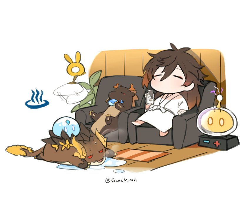 1boy azhdaha_(genshin_impact) bathrobe blush border0715 bottle brown_hair chair chibi closed_eyes dragon genshin_impact hair_between_eyes hair_down hand_fan highres holding holding_bottle horns hotsprings long_hair long_sleeves male_focus milk milk_bottle no_mouth onsen plant puddle rex_lapis_(genshin_impact) robe seelie_(genshin_impact) sitting slime_(genshin_impact) sweat tail twitter_username wooden_floor zhongli_(genshin_impact)