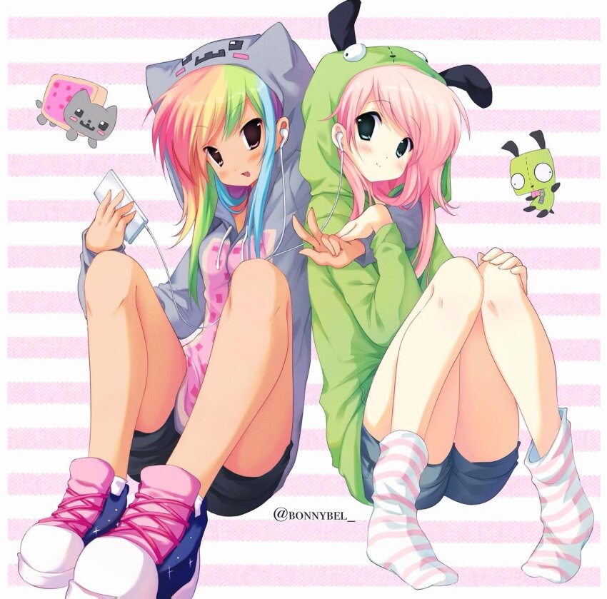 2000s_(style) 2girls animal_ears antonymph aqua_eyes arm_around_shoulder blush cat_ears commentary cosplay denim denim_shorts digital_media_player earphones fake_animal_ears fluttershy gir_(invader_zim) gir_(invader_zim)_(cosplay) green_hoodie grey_hoodie highres holding_digital_media_player hood hood_up hoodie invader_zim jelly_(bonnybel) lol_comics long_hair multicolored_hair multiple_girls my_little_pony my_little_pony:_friendship_is_magic nyan_cat nyan_cat_(cosplay) personification pink_hair rainbow_dash rainbow_hair red_eyes scene_fashion shared_earphones shoes shorts sitting sneakers socks tan tsurime vylet_pony w