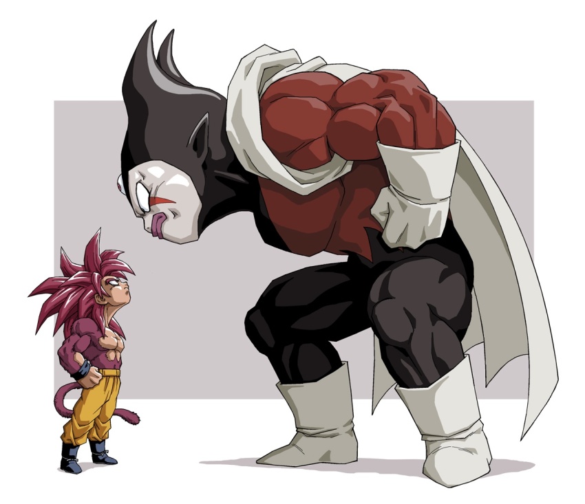 boots cape demon demon_horns dragon_ball dragon_ball_daima gloves gomah_(dragon_ball) hands_on_own_hips horns looking_down looking_up muscular muscular_male n_(n14542698) red_eyes red_hair son_goku super_saiyan super_saiyan_4 tail third_eye white_boots white_cape white_gloves