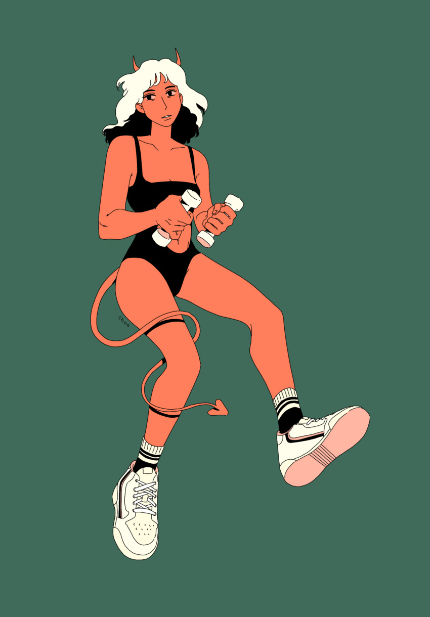 1girl bare_shoulders black_eyes black_hair black_one-piece_swimsuit breasts choo cleavage clothing_cutout collarbone colored_inner_hair colored_sclera demon_girl demon_horns demon_tail full_body green_background highres holding horns long_hair looking_at_viewer multicolored_hair navel_cutout one-piece_swimsuit orange_sclera original shoes signature simple_background skin-covered_horns small_breasts sneakers socks solo swimsuit tail two-tone_hair underwear weights white_hair