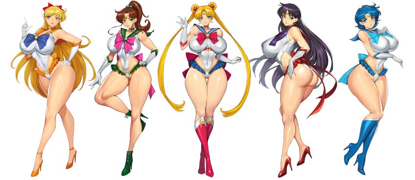 5girls \m/ absurdres adapted_costume aino_minako alternate_breast_size arm_under_breasts ass back_bow bare_legs bishoujo_senshi_sailor_moon black_hair blonde_hair blue_bow blue_choker blue_eyes blue_footwear blue_hair blue_sailor_collar blue_skirt boots bow breasts brooch brown_hair choker circlet commentary covered_navel crescent crescent_choker crescent_earrings curvy double_bun earrings elbow_gloves foot_up full_body gloves green_choker green_eyes green_sailor_collar green_skirt gurimjang hair_bobbles hair_bun hair_ornament hand_on_own_chest hand_on_own_hip hand_up high_heel_boots high_heels highleg highleg_leotard highres hino_rei hip_vent huge_breasts jewelry kino_makoto knee_boots large_breasts leotard long_hair long_legs looking_at_viewer magical_girl microskirt mizuno_ami multiple_girls orange_choker orange_sailor_collar parted_bangs pink_bow ponytail red_bow red_choker red_footwear revealing_clothes sailor_collar sailor_jupiter sailor_mars sailor_mercury sailor_moon sailor_senshi_uniform sailor_venus short_hair simple_background skirt smile standing standing_on_one_leg star_(symbol) star_choker star_earrings super_sailor_jupiter super_sailor_mars super_sailor_mercury taimanin_(series) taimanin_suit thick_thighs thighs transformation_brooch_(sailor_moon) tsukino_usagi twintails very_long_hair white_background white_gloves wide_hips