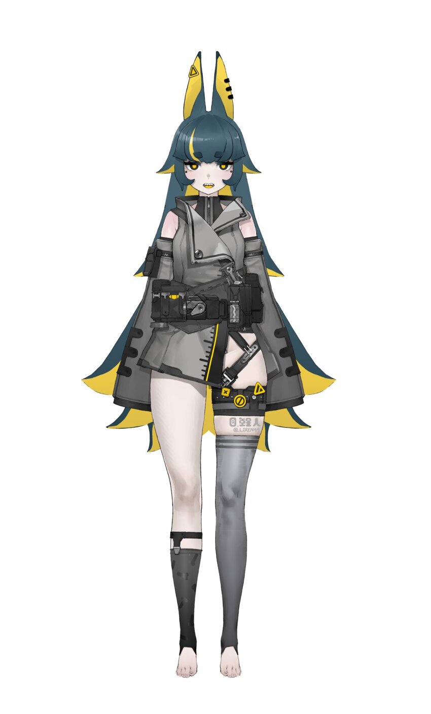 1girl animal_ear_piercing animal_ears arms_at_sides bare_shoulders barefoot blonde_hair character_request colored_inner_hair commentary_request copyright_request detached_leggings detached_sleeves expressionless feet full_body green_hair grey_jacket grey_leggings grey_sleeves groin hair_flaps highres jacket jewelry leggings liren44 long_hair looking_at_viewer mole mole_under_eye multicolored_hair open_mouth revealing_clothes simple_background single_detached_legging sleeveless sleeveless_jacket sleeves_past_fingers sleeves_past_wrists solo sticker straight-on strap teeth thighlet toenails toes twitter_username two-tone_hair upper_teeth_only very_long_hair white_background yellow_eyes zipper