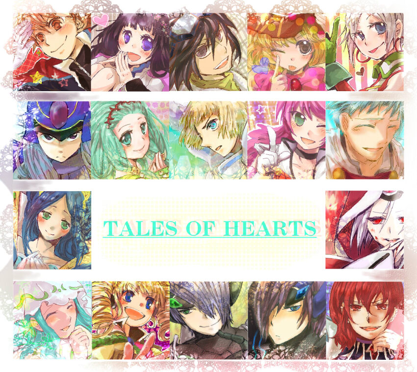 6+boys 6+girls beryl_benito black_choker black_hair blonde_hair blue_eyes blue_hair blush brown_eyes brown_hair byrocks_burrows chalcedony_akerman character_request choker closed_eyes copyright_name creed_graphite drill_hair earrings fluora_spodumene gloves green_eyes hair_over_one_eye haru_mikoto hat heart hisui_hearts hoop_earrings incarose_(tales) index_finger_raised ines_lorenzen jewelry kohaku_hearts kor_meteor kunzite_(tales) lithia_spodumene multiple_boys multiple_girls one_eye_closed open_mouth peridot_hamilton pink_hair purple_eyes red_eyes red_hair smile tales_of_(series) tales_of_hearts white_gloves