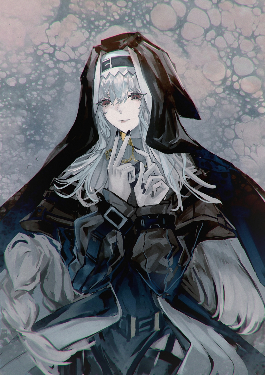 1girl absurdres air_bubble arknights ascot belt belt_buckle black_belt black_dress black_hat black_nails brokeninkballpointpen bubble buckle capelet chromatic_aberration clothing_cutout coif dress garter_straps grey_ascot grey_capelet grey_hair hat highres holding_pendant jewelry long_hair long_sleeves nail_polish necklace nun pendant pink_lips pointy_hat red_eyes shoulder_strap simple_background solo specter_(arknights) thigh_cutout two-sided_fabric two-sided_headwear underwater very_long_hair