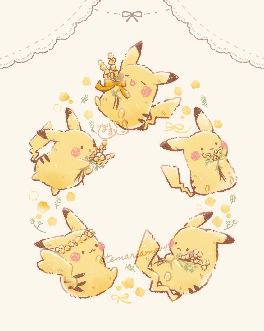 :3 :o =_= blush_stickers bow commentary_request creatures_(company) flower flower_wreath full_body game_freak gen_1_pokemon highres holding holding_flower nintendo no_humans orange_bow pikachu pokemon pokemon_(creature) pokemon_focus temariame14 twitter_username yellow_flower