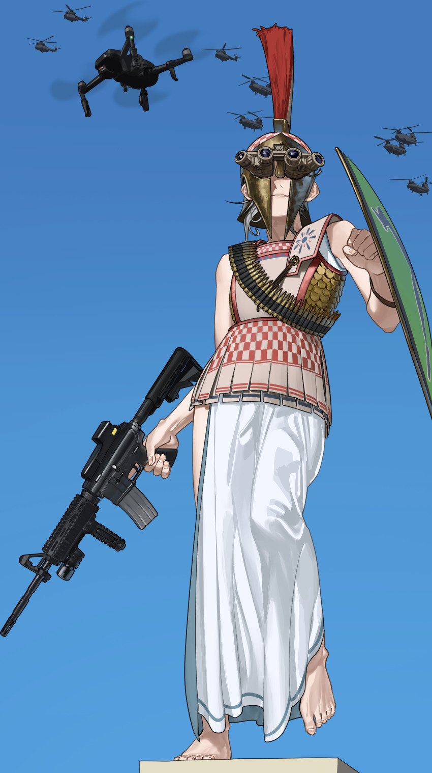 1girl absurdres aircraft ammunition_belt assault_rifle athena_(mythology) barefoot ch-47_chinook corinthian_helmet covered_eyes drone greek_armor greek_mythology gun helicopter highres holding holding_gun holding_weapon hoplite linothorax m4_carbine mi-8 night_vision_device plinth plume pzkpfwi quadcopter rifle shield side_slit solo unmanned_aerial_vehicle weapon