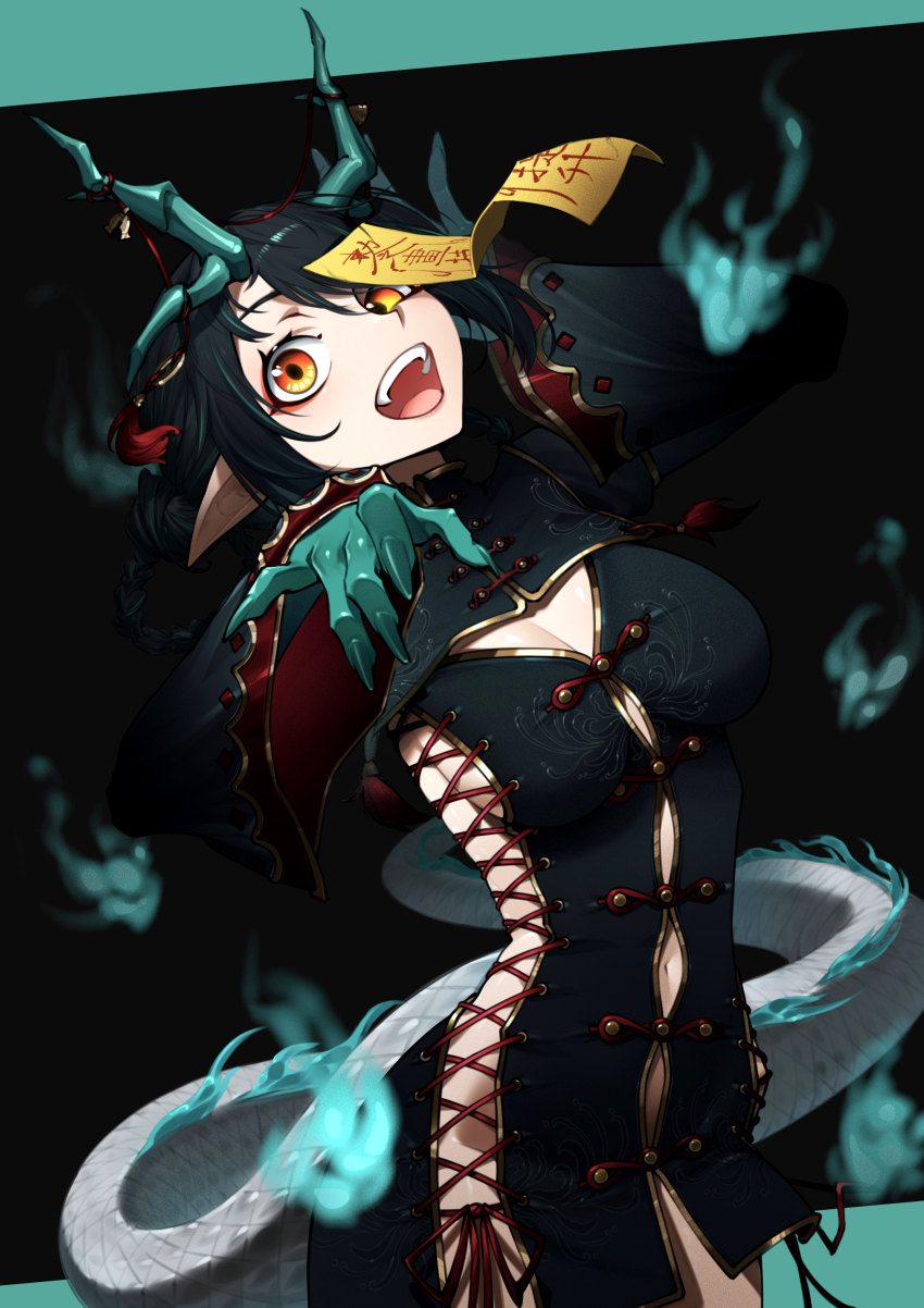 1girl absurdres arknights black_dress black_hair breasts chinese_commentary cleavage cleavage_cutout clothing_cutout colored_extremities commentary cowboy_shot cross-laced_clothes cross-laced_dress dragon_girl dragon_horns dragon_tail dress dusk_(arknights) energy fingernails ghosty_(xiaobai) highres hitodama horns jiangshi large_breasts long_fingernails long_hair long_sleeves looking_at_viewer making-of_available navel_cutout no_panties ofuda ofuda_on_head open_mouth orange_eyes pointy_ears procreate_(medium) sharp_fingernails solo standing tail wide_sleeves
