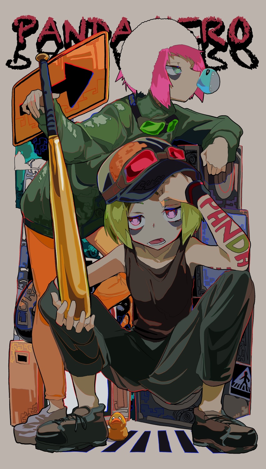 2girls absurdres alternate_costume alternate_hair_color arm_rest arm_tattoo arrow_(symbol) baseball_bat baseball_cap black_footwear black_pants black_tank_top blowing_bubbles chewing_gum crosswalk dual_persona facepaint frown full_body fur_hat goggles goggles_around_neck goggles_on_headwear green_eyes green_jacket grey_background gumi hand_on_own_head hat highres holding holding_baseball_bat jacket kasaki_sakura leaning_on_object long_sleeves looking_at_viewer metal_baseball_bat multiple_girls open_mouth orange_pants panda_hero_(vocaloid) pants pink_eyes pink_hair road_sign rubber_duck sanpaku shoes short_hair sign slav_squatting song_name squatting standing tank_top tattoo vocaloid white_footwear